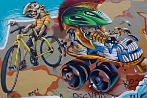murales, bicicletta, ruote, casco, disegno, scarpa, pattini, murale, pattino, rotelle