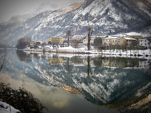 neve, lago, montagna, riflesso, case, inverno, acqua, montagne, panorama, riflessi