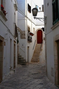 lampione, vicolo, scale, bianco, porta, scala, lastricato