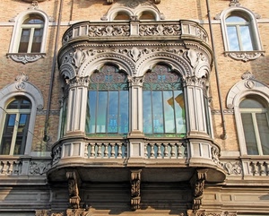 finestre, balcone, palazzo, liberty, vetri, riflessi, archi, vetrate, vetro