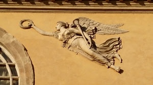 angelo, ali, giallo, corona, scultura, muro, finestra, statua, tromba