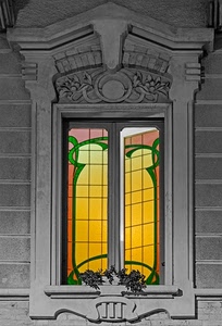 finestra, liberty, vetri, giallo, vetrata, colori, verde, bianconero, vetro, luce