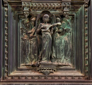 angelo, ali, bronzo, bassorilievo, mandolino, quadro, musica, formella, statua