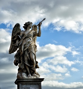 angelo, ali, statua, nuvole, cielo, lancia, angeli, marmo