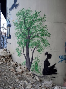 albero, donna, murales, verde, murale, sassi, disegno, uccello