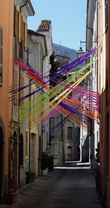 colori, vicolo, nastri, festa, via, strada, paese, ombre, case
