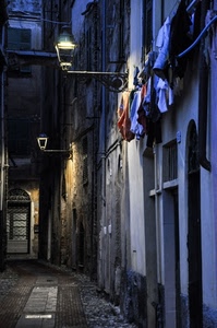 vicolo, lampioni, panni, luci, notte, porta, strada, lampione, notturno