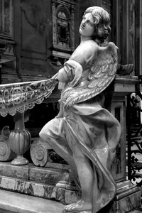 angelo, ali, marmo, statua, chiesa, scultura, bianconero, piedi, acquasantiera, capelli