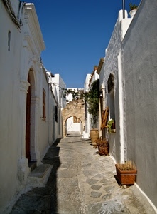 arco, bianco, vicolo, vasi, case, cielo, stradina, paese