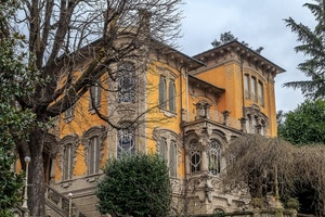 liberty, palazzo, villa, alberi, stile, giallo, finestre, inverno, piante