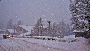neve, inverno, strada, macchina, alberi, case, albero, fiocchi, bianco