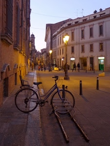 bicicletta, lampioni, strada, luci, sera, piazza, parcheggio, seggiolino, lampione