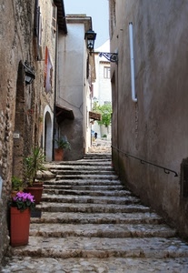 fiori, vicolo, vasi, piante, gradini, scalinata, lampione, scala, scale, finestre, verde, porte, palazzi, lampioni