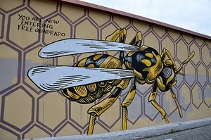 ape, ali, murales, insetto, disegno, alveare, murale, giallo, esagoni