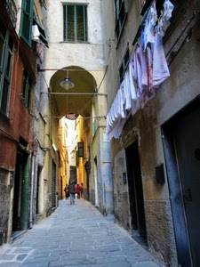 vicolo, panni, arco, strada, lampione, finestre, lampada
