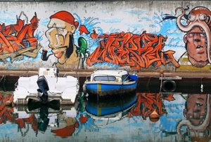 barche, murales, riflesso, acqua, due, murale, polipo, colori, canale, riflessi