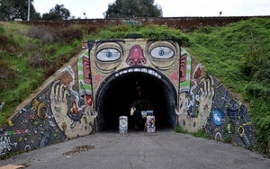 murales, occhi, galleria, tunnel, erba, naso, strada, bocca, ponte
