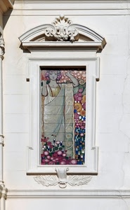 fiori, finestra, cornice, liberty, vetrata, muro, bianco, donna, figura, dipinto, affresco