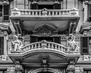 statue, balconi, finestre, bianconero, liberty, palazzo, balaustre, balcone, colonne, fregi, persiane