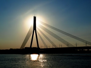 ponte, controluce, mare, sole, acqua, cielo, fiume, silhouette, pilone, riflesso
