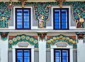 finestre, liberty, decorazioni, vetri, foglie, blu, dipinti, palazzo, putto, fiori, maschere