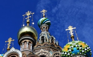 croci, cielo, cupole, chiesa, azzurro, colori, oro, verde, ortodossa, archi, decorazioni, nuvole, giallo, blu