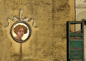 muro, persiana, verde, viso, ritratto, donna, quadro, parete, giallo, medaglione, anta, capelli