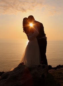 sole, controluce, sposi, mare, bacio, due, tramonto, coppia, sposa