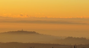 nebbia, panorama, nuvole, cielo, tramonto, oro, colline, giallo, nebbie, foschia