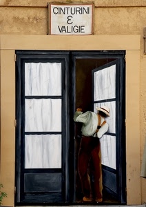 insegna, cappello, porta, bretelle, tende, negozio, uomo, bianco, marrone, murales, dipinto, persona, finestra, muri, scritta, tendine, murale