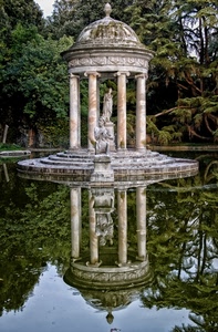 riflesso, acqua, alberi, colonne, statue, statua, laghetto, verde, tempietto