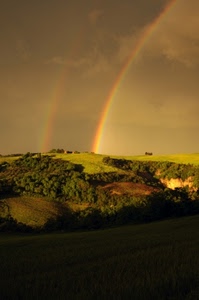 arcobaleno, nuvole, cielo, verde, paesaggio, alberi, colline, panorama, doppio, prati, collina, arcobaleni, boschi, montagne, ombra, colori, due, luce