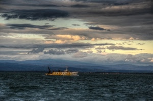 nuvole, mare, cielo, acqua, nave, peschereccio, tramonto, onde, montagne, barca, colline, blu, imbarcazione, panorama, natante