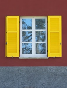 giallo, finestra, riflesso, bianco, persiane, vetri, ante, albero