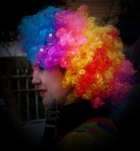 parrucca, donna, carnevale, colori, multicolore, giallo, rosso, strumento, ritratto