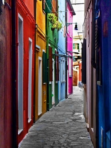 vicolo, porte, colori, case, strada, multicolore, finestre, selciato, lampione, rosso