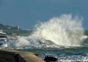 mare, onda, schiuma, onde, bianco, acqua, parapetto, burrasca, cielo, schizzi