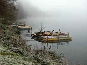 barche, nebbia, acqua, alberi, fiume, lago, foschia, erba, brina, riva, inverno, riflessi, piante, riflesso, corde