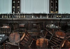 sedie, bottiglie, legno, bicchieri, bancone, bar, tavoli