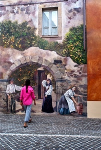 finestra, arco, murales, donne, selciato, casa, alberi, fontana, ingresso, strada, persona, murale, rosa