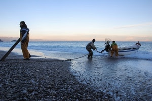 mare, barca, pescatori, spiaggia, corda, uomini, reti, sassi