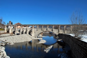 ponte, fiume, acqua, riflesso, arco, cielo, sassi, archi, alberi