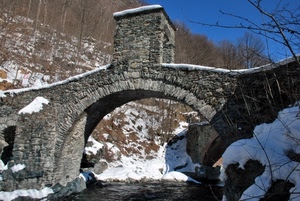 ponte, neve, fiume, acqua, arco, alberi, cielo
