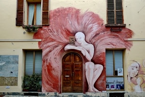 finestre, murales, porta, persiane, rosa, fiore, murale, palazzo, portone