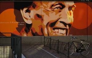 bicicletta, murales, sorriso, viso, uomo, ruota, ruote, dipinto