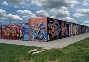 murales, nuvole, muro, prato, erba, verde, cielo, graffiti, muri