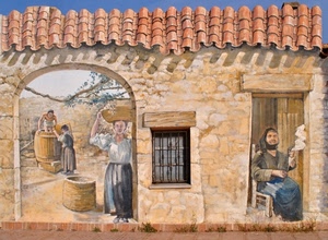 murales, tetto, finestra, donne, tegole, murale, casa, arco, muro, dipinto
