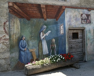 fiori, porta, murales, tronco, murale, legno, donne