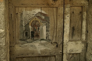 porta, legno, dipinto, disegno, chiodi, donna