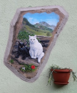 vaso, gatti, nero, bianco, muro, murales, fiori, parete, montagne, pianta, murale, zampe, disegno, verde, felini, dipinto, casa, coda, rosso, monti, due